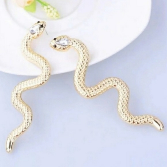 Trendy Large, Long Gold Snake Bite Dangle Earrings - Picture 5 of 5